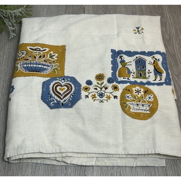 Vintage 47” Square Linen Tablecloth Blue Yellow Floral PA Dutch Style Stained - Picture 1 of 7